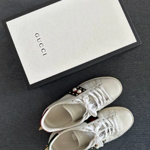 Gucci White Ace Pearl Stud Leather Sneakers Size 38